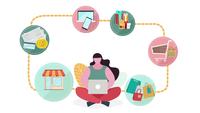 Pop up Motion of woman shopping online with laptop 