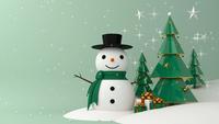 Bonhomme de neige et arbre de Noël vert avec des chutes de neige