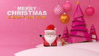 Merry Christmas and Happy new year on pink blackground with snow.