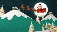 Santa Claus Flying Over a Village and Mountains